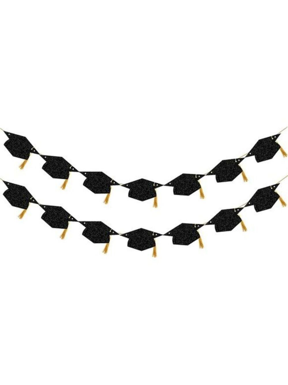 Class of 2025 Graduation Banner Black Gold Glitter Party Decor with Tassels